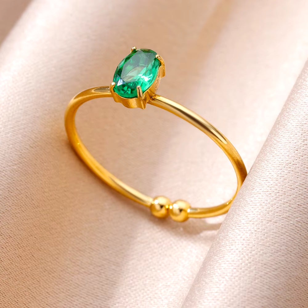 Tiny Green Zircon round Rings for Women Gold Plated Geometric Stainless Steel Oval Ring Luxury Wedding Christmas Jewelry Gift