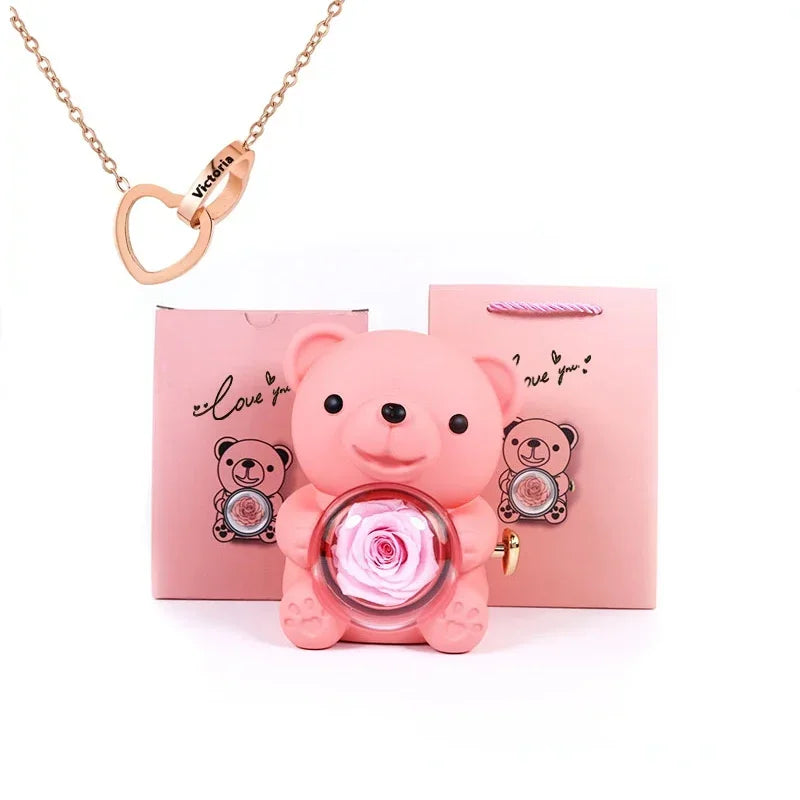 Engraved Heart Necklace with Eternal Rose Teddy Bear Rose Shaped Necklace Jewellery Gift Box Romantic Acrylic Flower Ring Locket