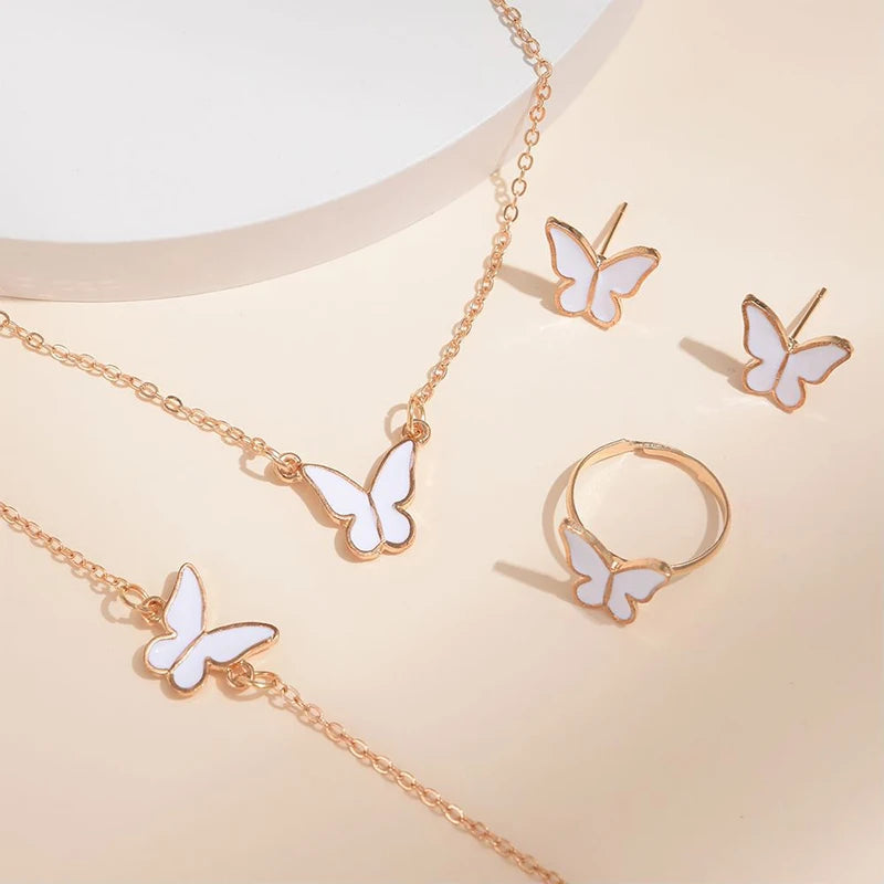 5PCS Fashion Butterfly Pendants Necklace Earrings Ring Bracelet Sets for Women Jewelry Set Bridal Wedding Jewelry Gift