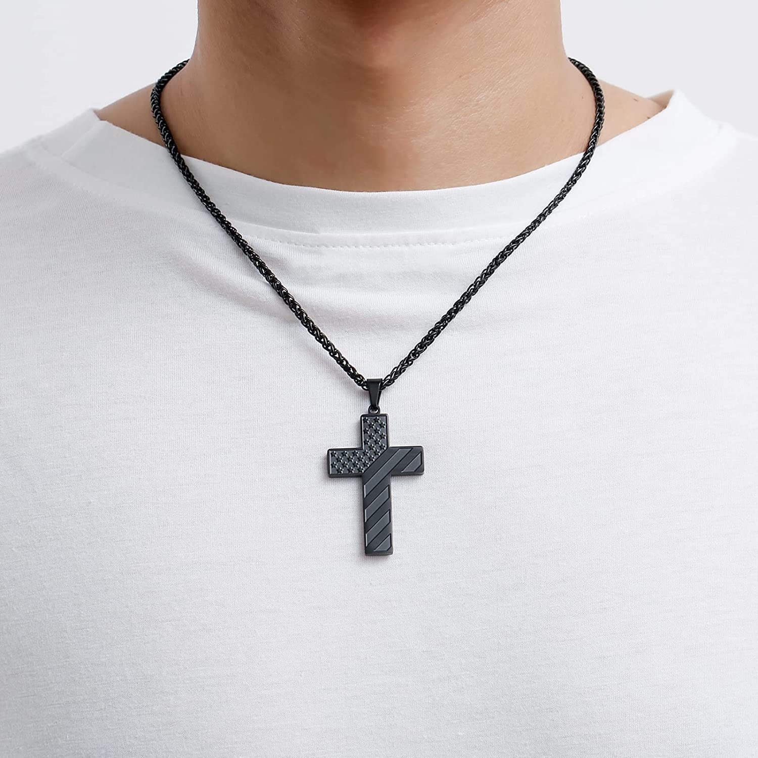 Black Cross Necklace for Men Boyfriend Son Husband Father Bible Verse Joshua 1:9 Stainless Steel USA American Flag Pendant Chain for Men Religious Jewelry Gift for Men Boyfriend